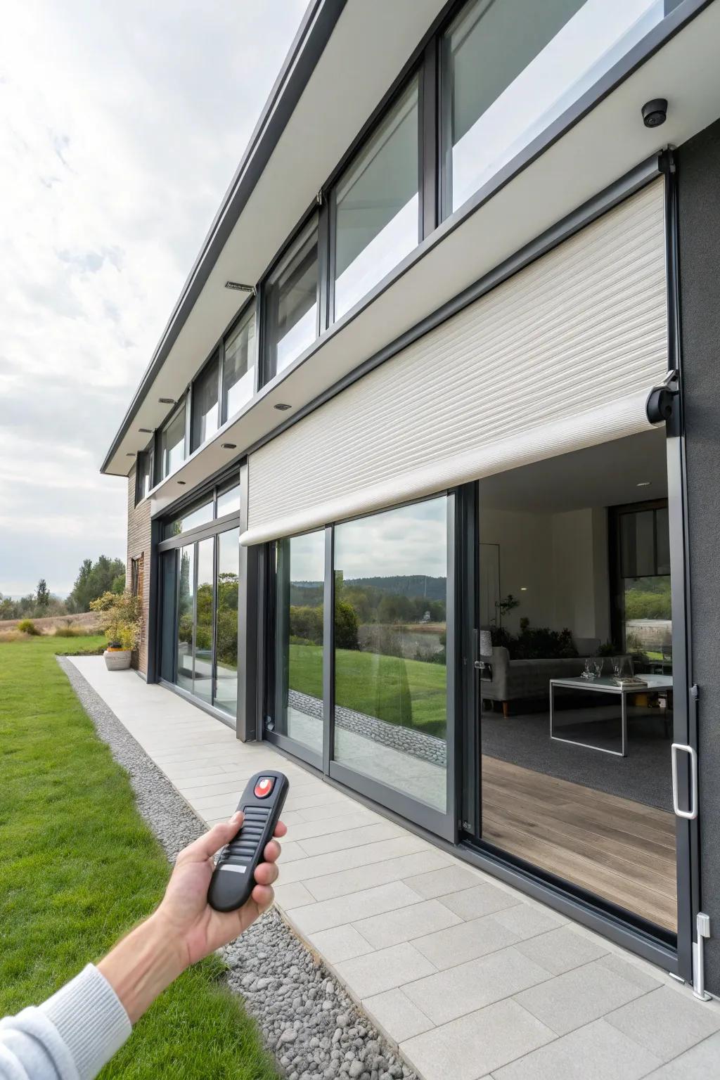 Motorized roll shutters offer high-tech convenience and security.