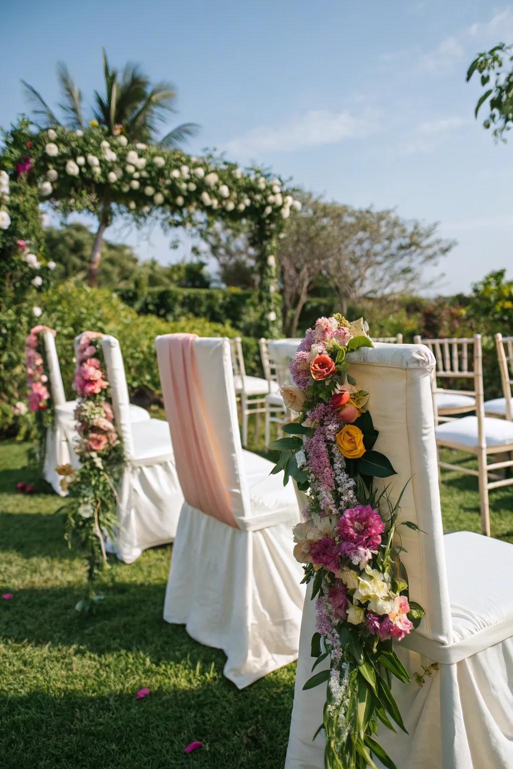 Vibrant and fresh floral-accented chair wraps.