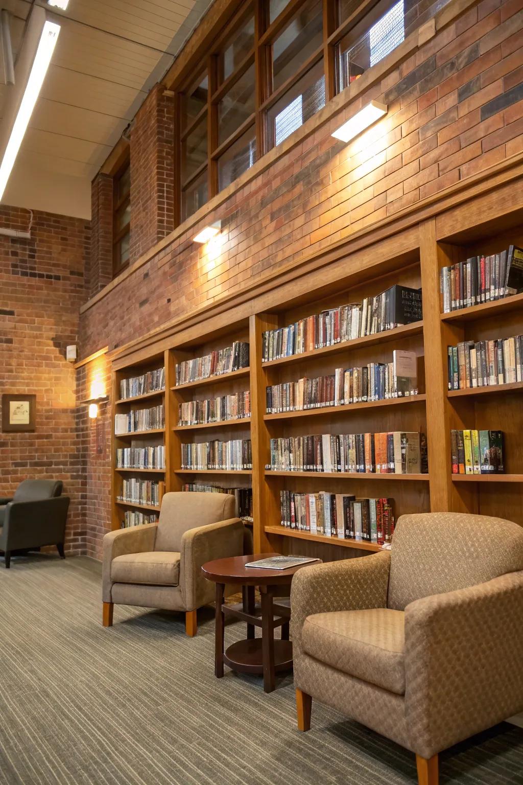 A refined book surface with wooden racks on a brick facade, ideal for book enthusiasts.