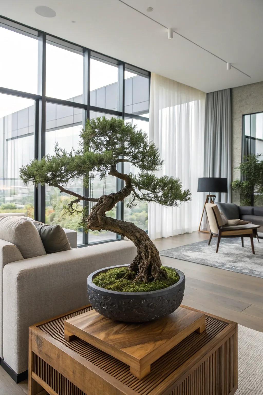 A raft style juniper bonsai adding a narrative element to a contemporary living room.