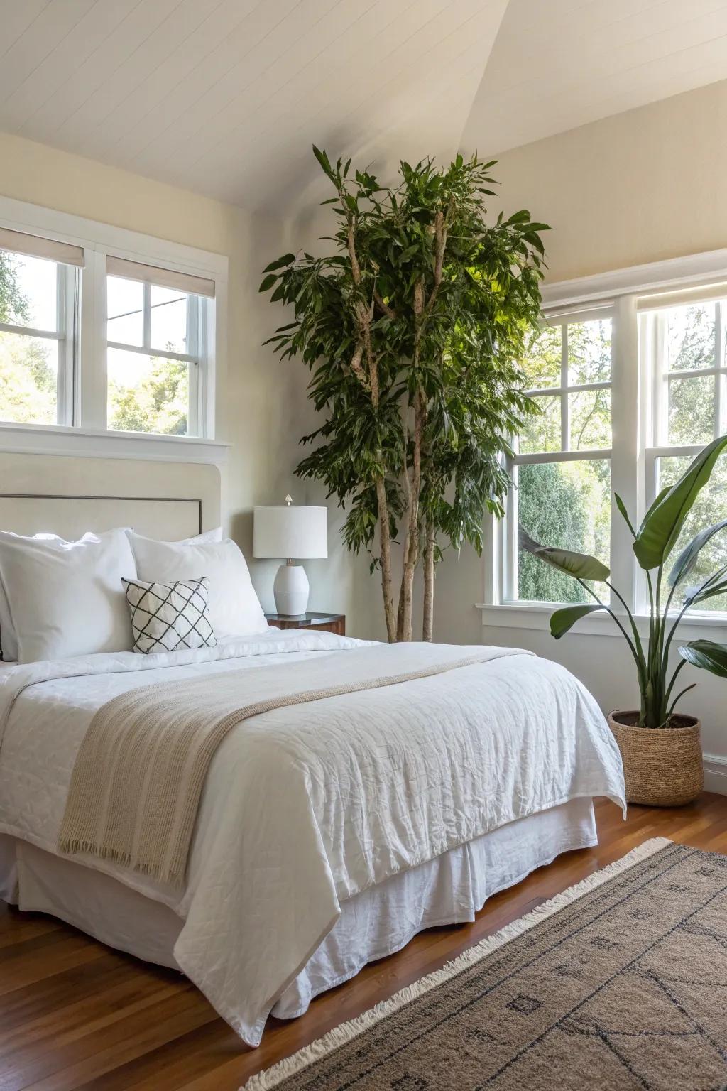 Indoor plants bring freshness and vibrancy to this king-sized bed area.