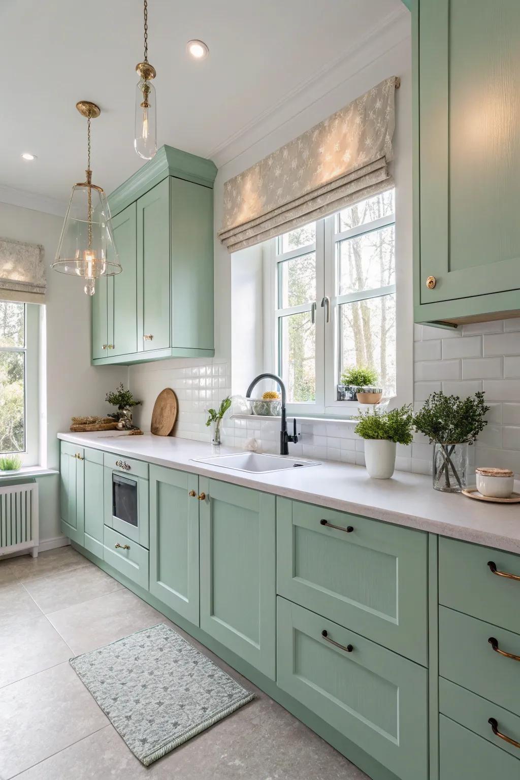 Refreshing mint green brings a playful elegance to the kitchen.