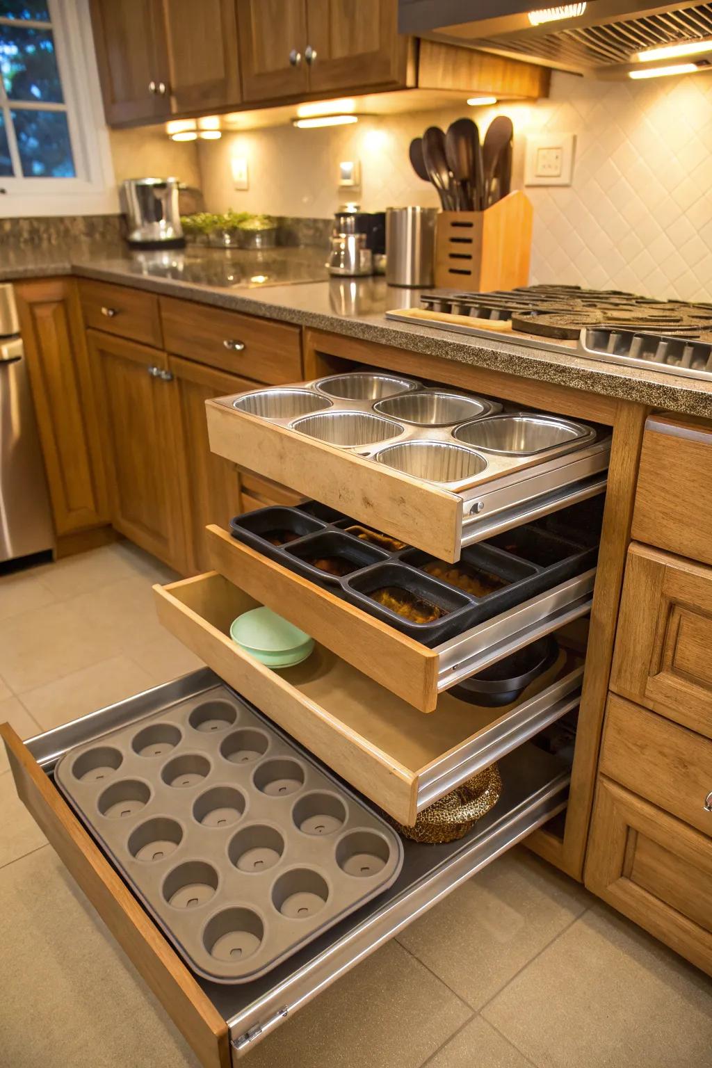 Pullout drawers render every corner easily accessible.