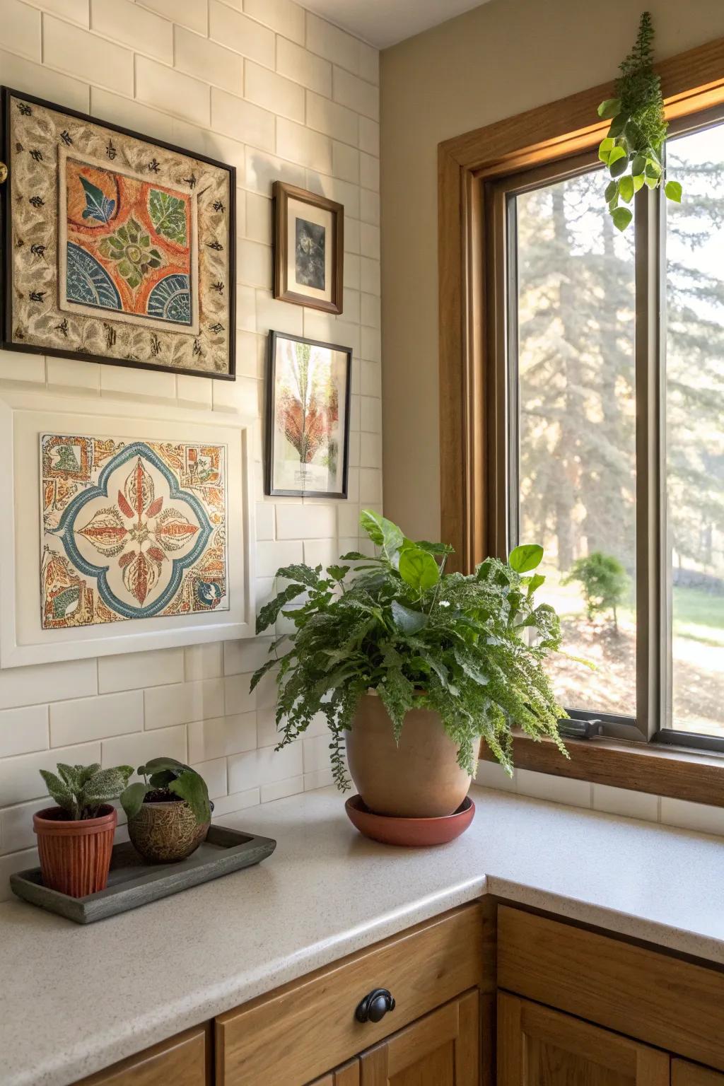 Decorative elements inject personality and charm into kitchen corners.