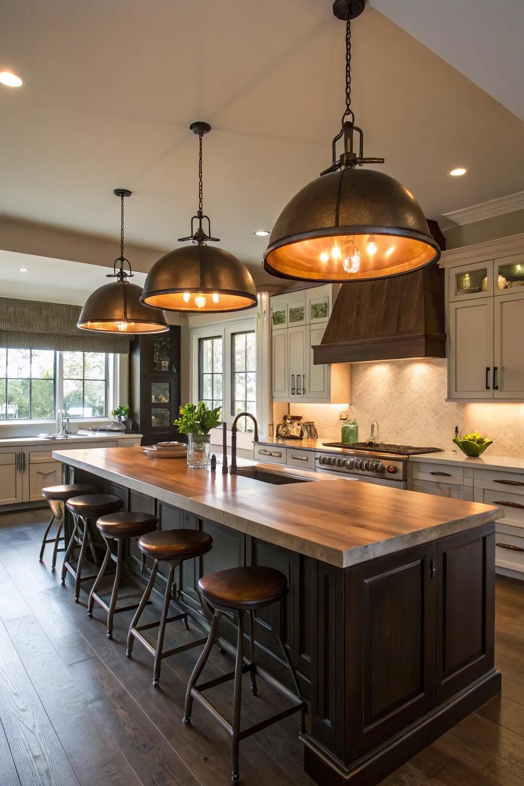 Oversized fixtures make a bold statement over the kitchen island.