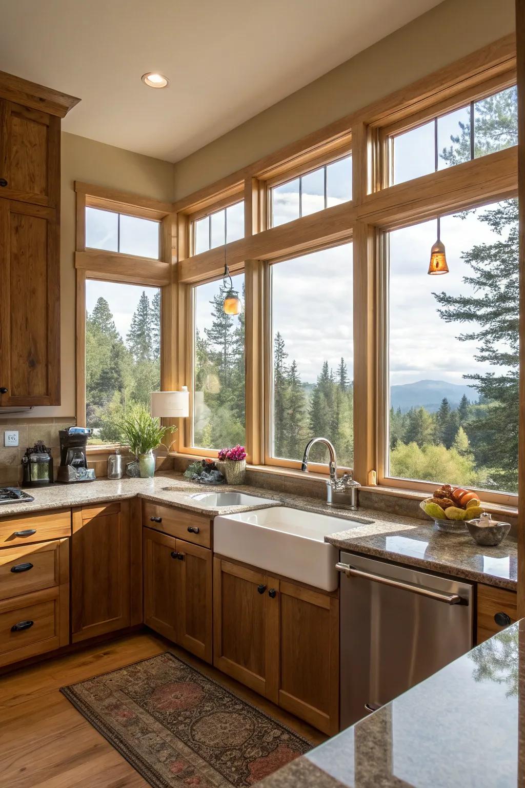 A bright kitchen fitted with angled windows to offer dual scenery.