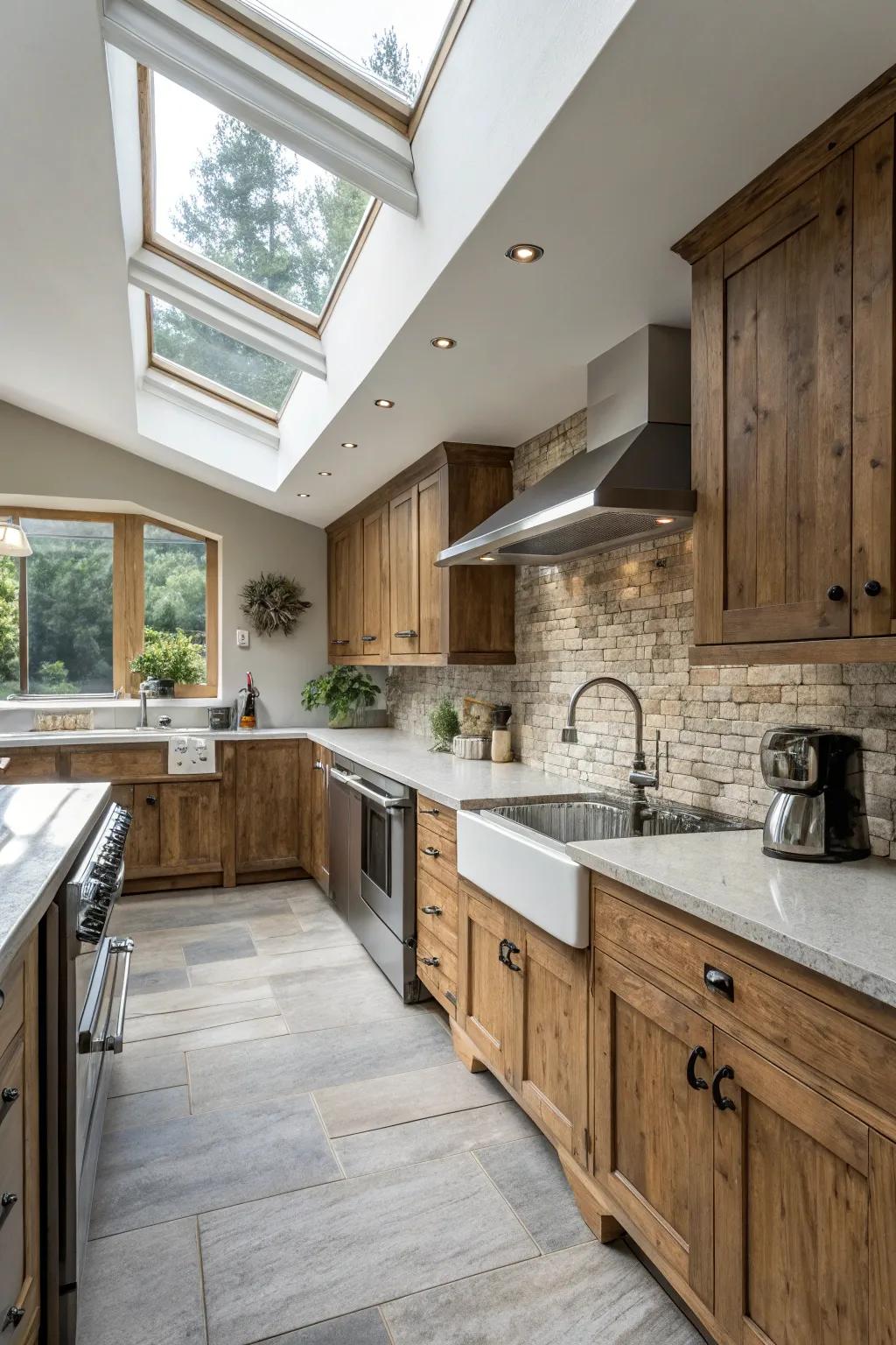 Skylights enhance both contemporary and rustic kitchen styles.