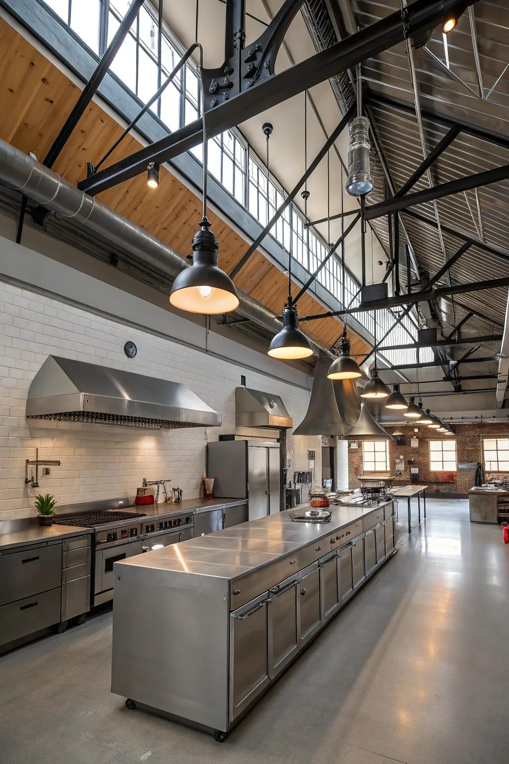 Industrial touches add a modern flair to this high-ceilinged kitchen.