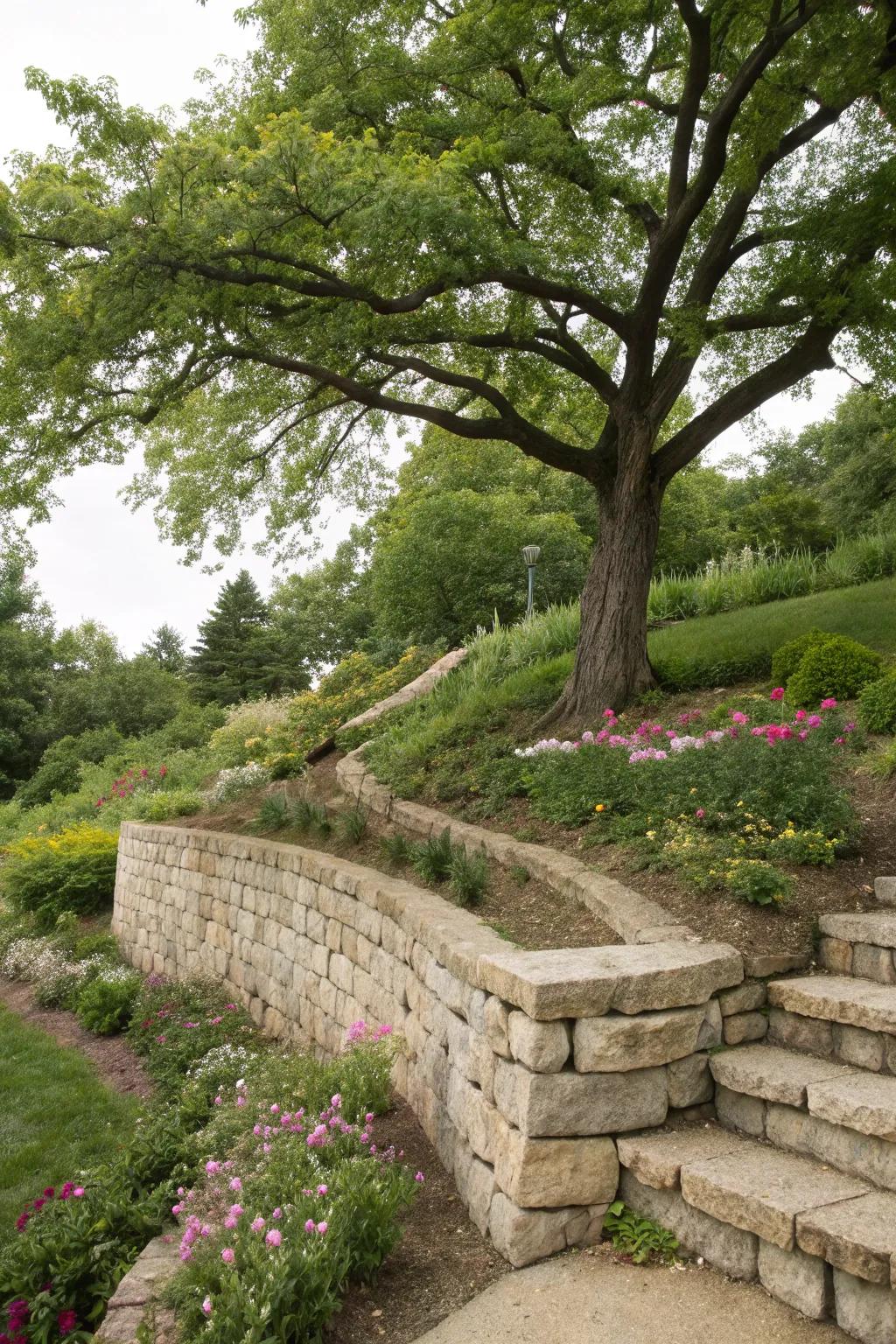 Retaining walls add structure and beauty to sloped areas.