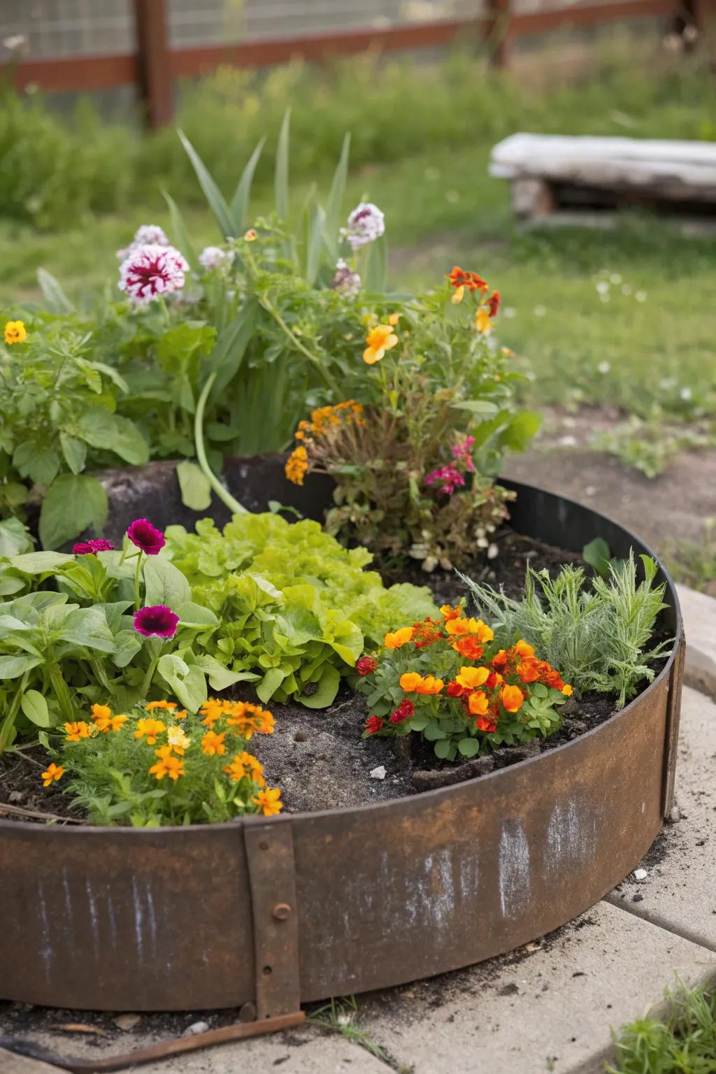 Metal fire rings create unique and stylish circular raised beds.