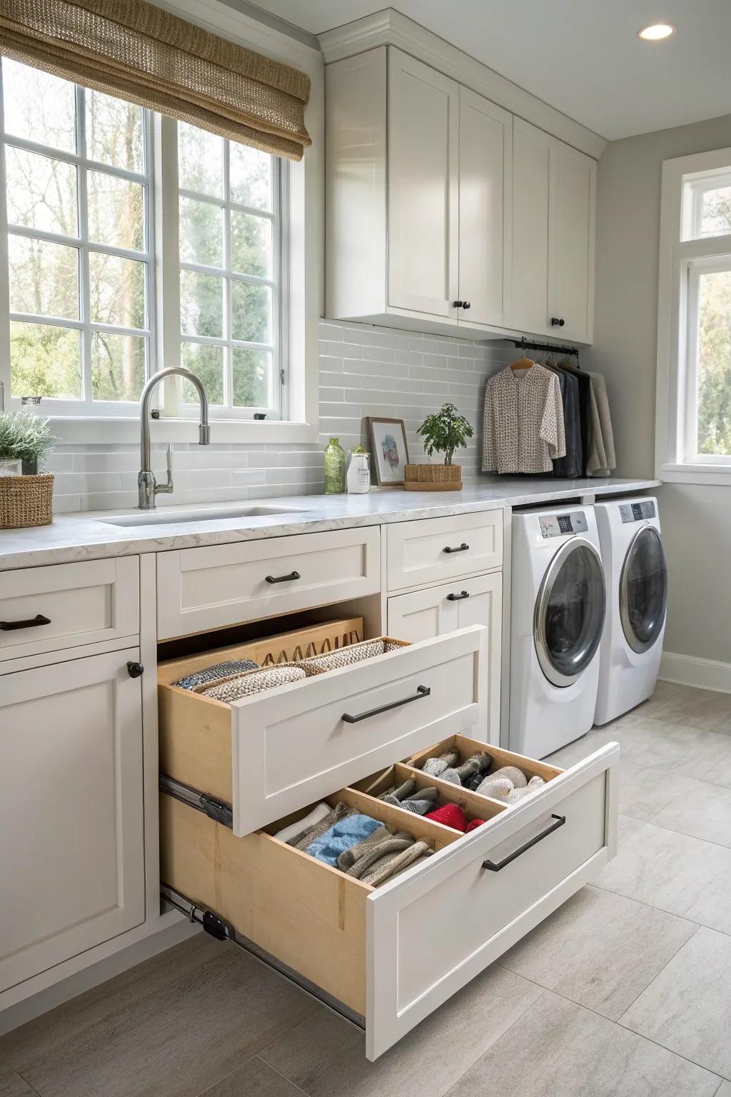 Pull-out drying racks offer a space-saving solution for drying clothes.