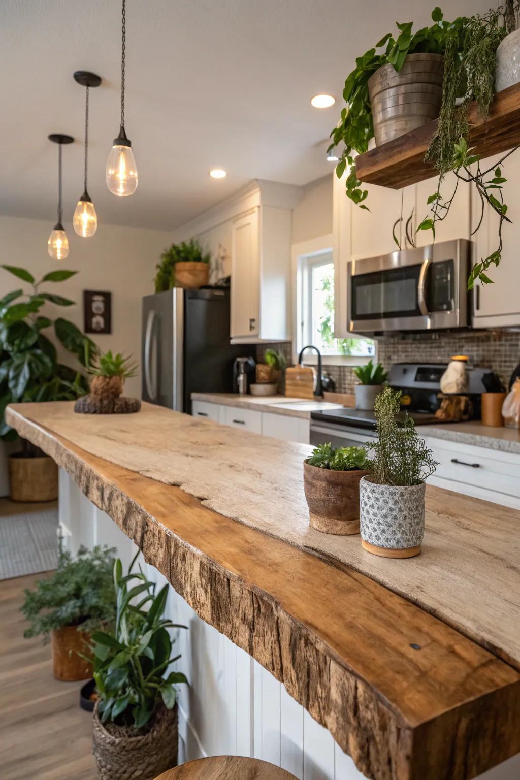 An eco-conscious kitchen with a sustainably sourced live edge countertop.