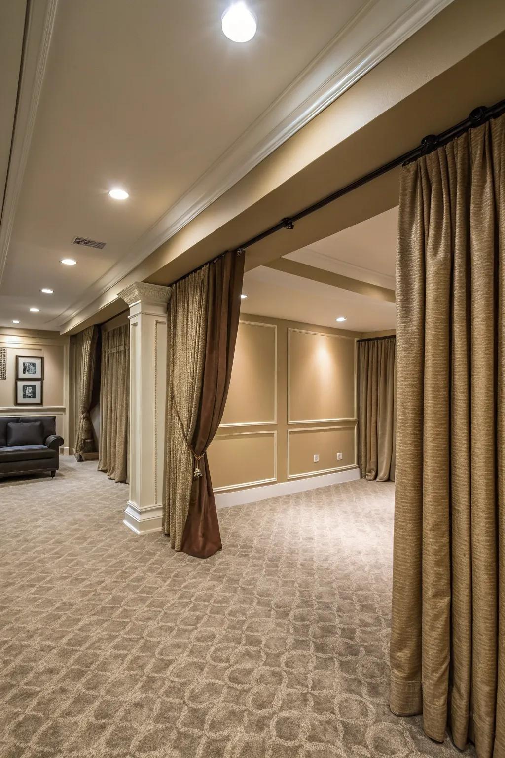 Floor-to-ceiling curtains add vertical lines and sophistication to the room.