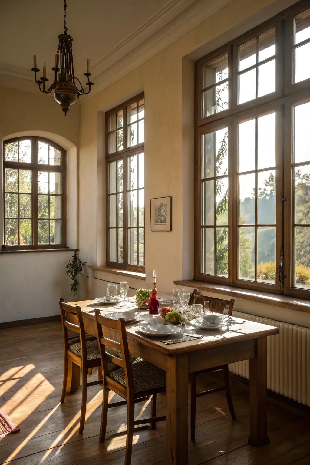 Natural light flooding a dining room through large windows.