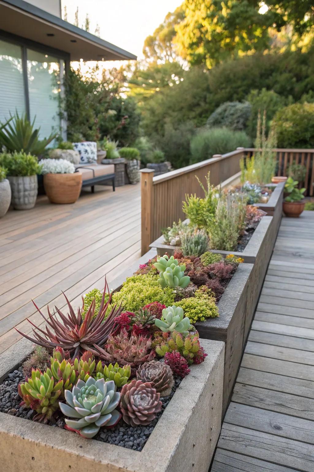 Succulents thriving in raised planters around a deck.