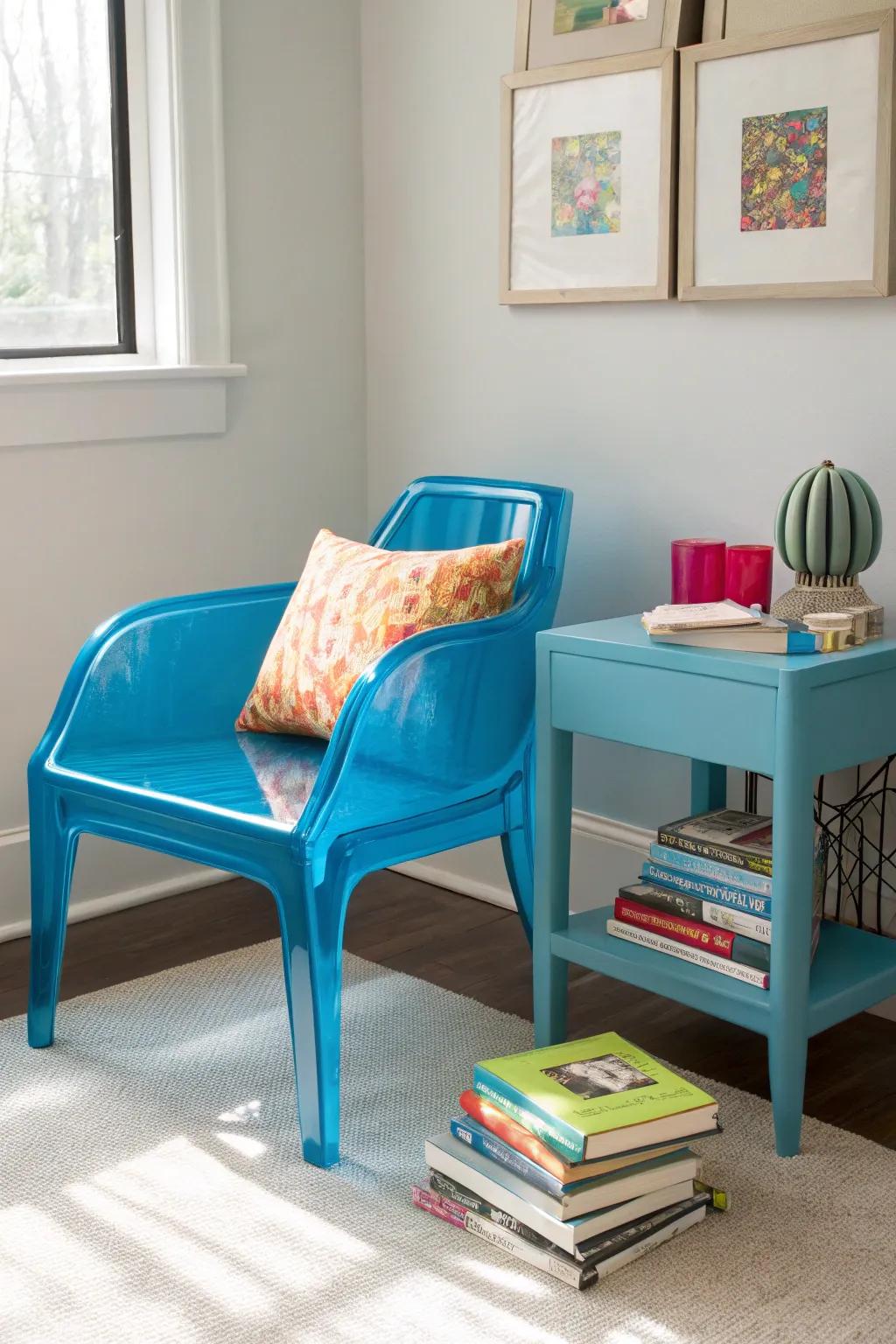 Bold-colored poly-methylmethacrylate furniture energizes spaces.