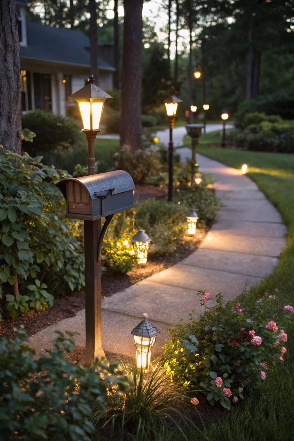Brighten your mailbox zone with solar-powered lights for added allure.