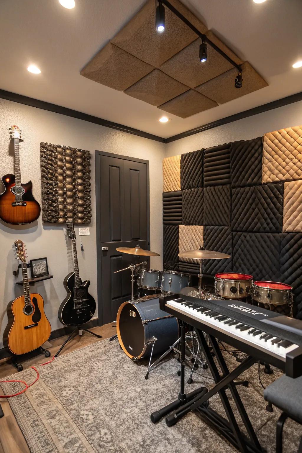 Soundproof music space showcasing acoustic boards and instruments.