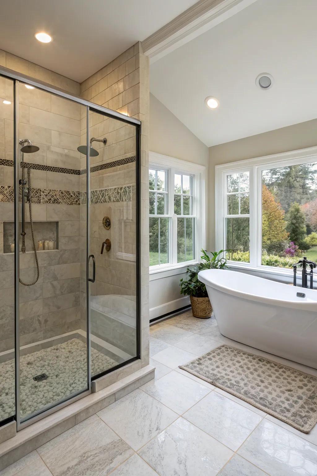 A master bathroom with a walk-in shower and freestanding bathtub.