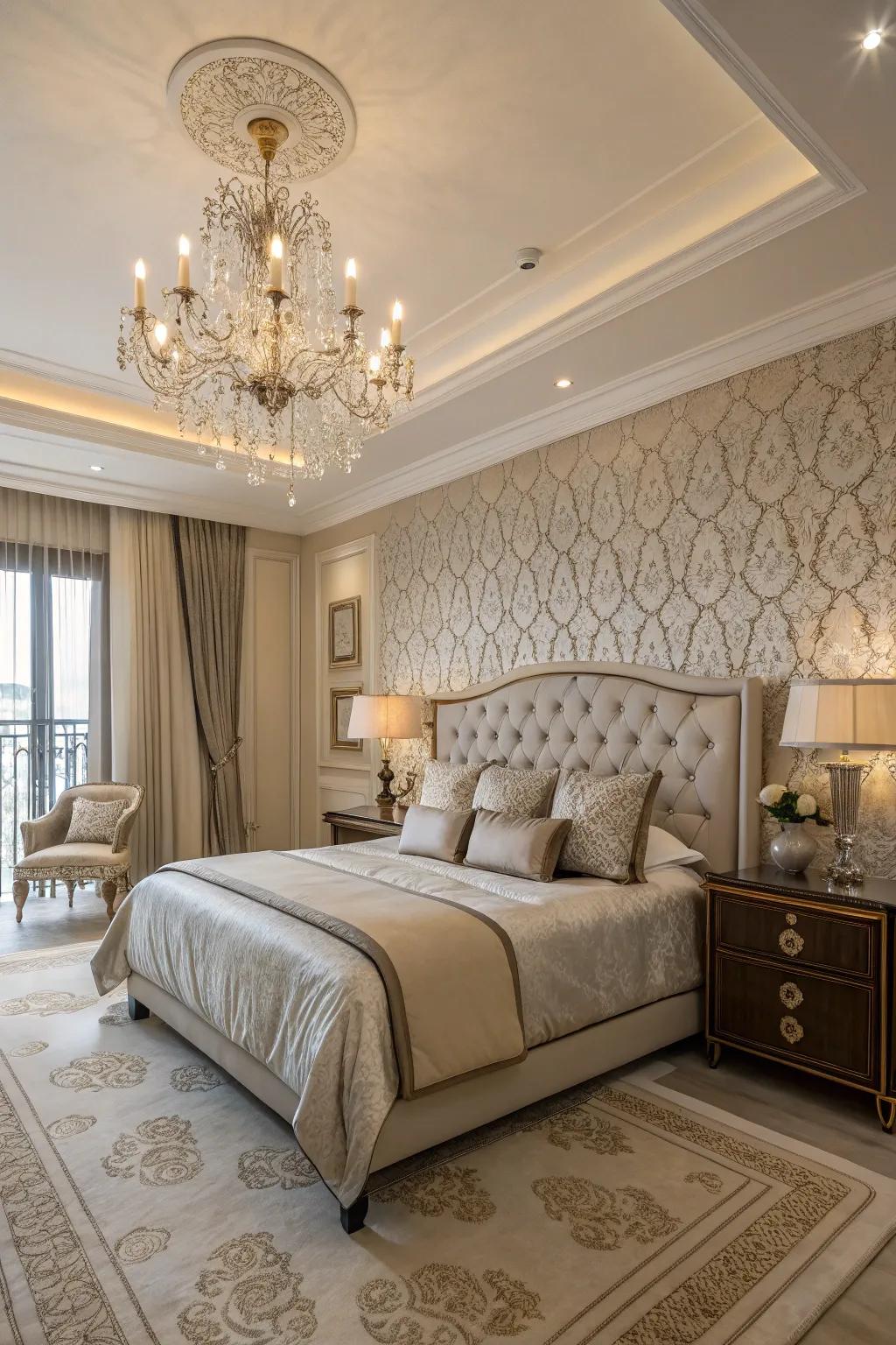 Wallpaper adds texture and interest to the master bedroom.