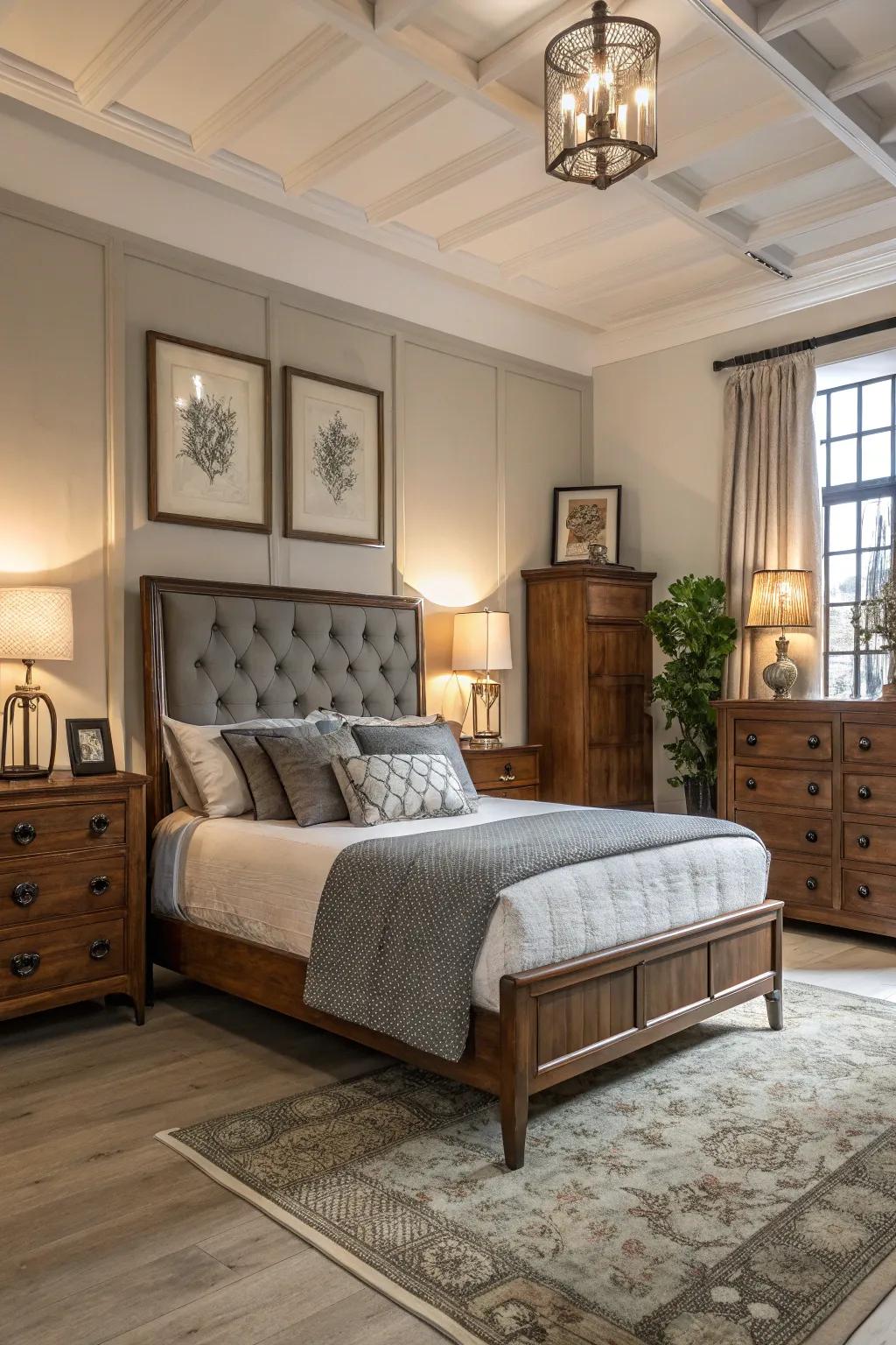 A sleeping area showcasing a combination of modern and traditional furnishings.