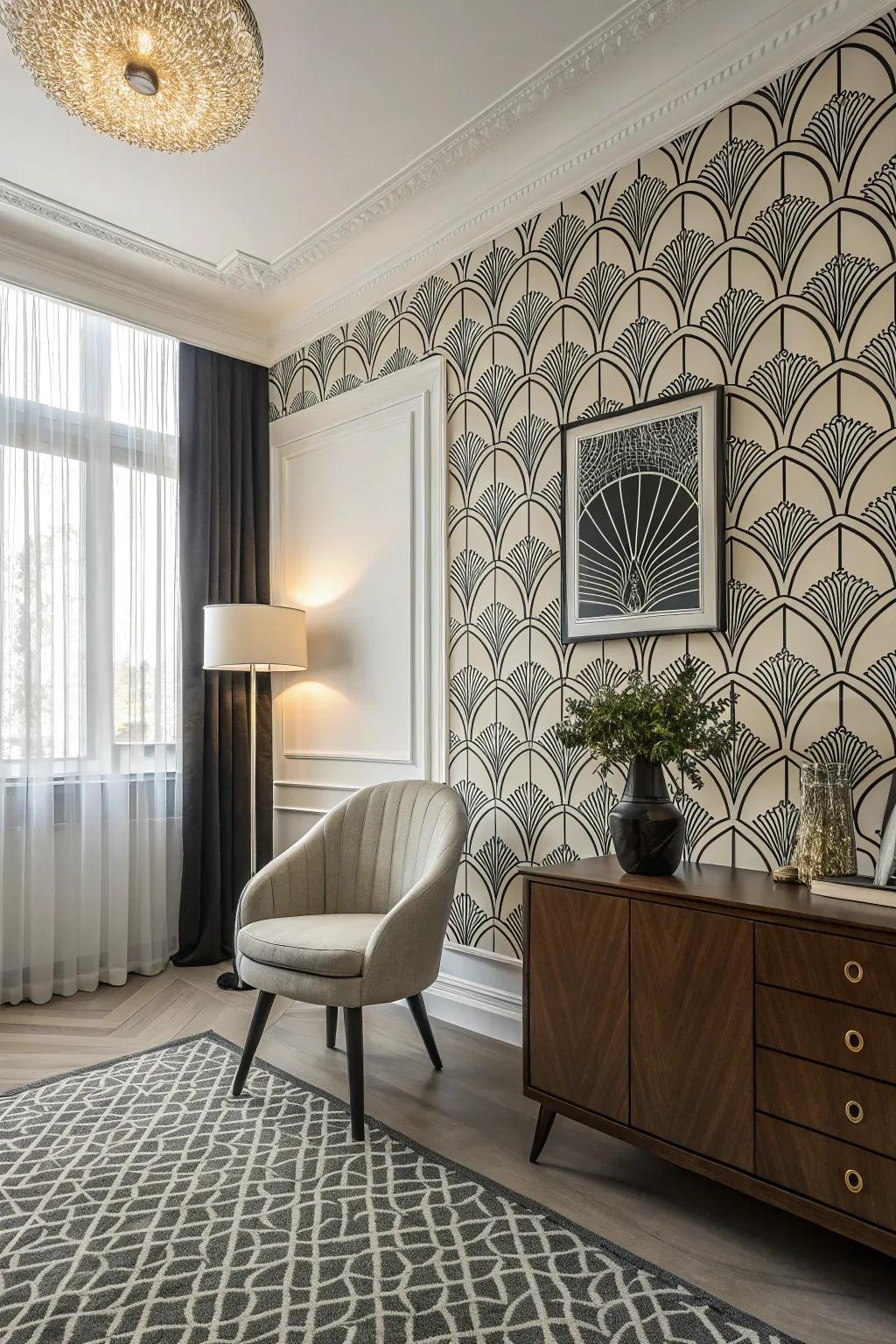 Fashionable setting with monochrome mid-century wallpaper.
