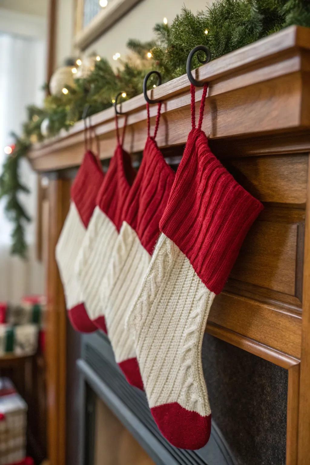 Plain knit stockings adding texture to a minimalist Christmas decor.