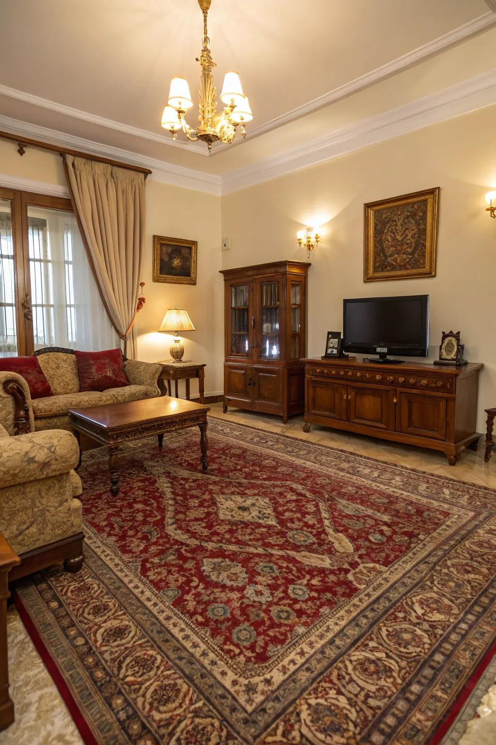 Classic living room featuring a vintage Persian-style carpet as a focal point