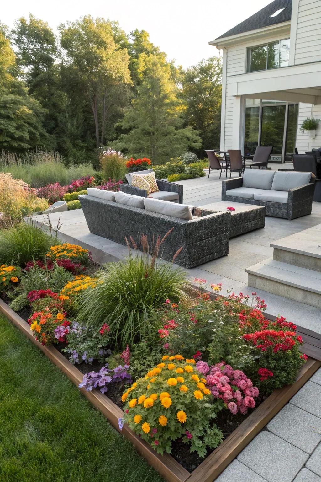 Flower beds enhance and beautify outdoor living spaces.