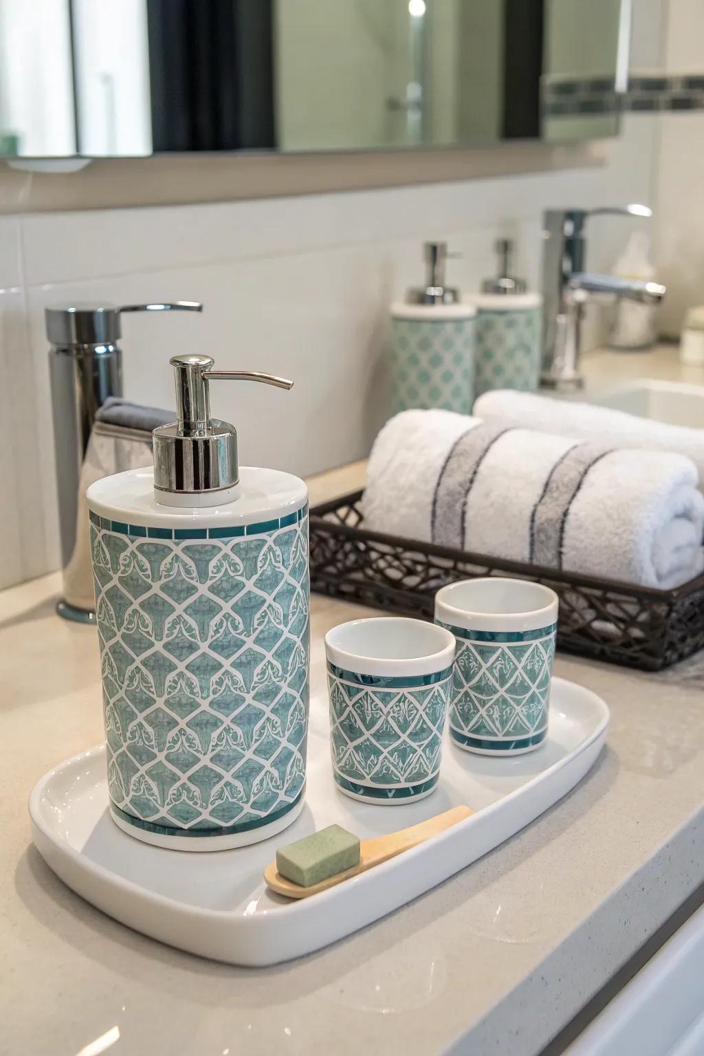 A bathroom featuring a stylish and coordinated bath accessory set.