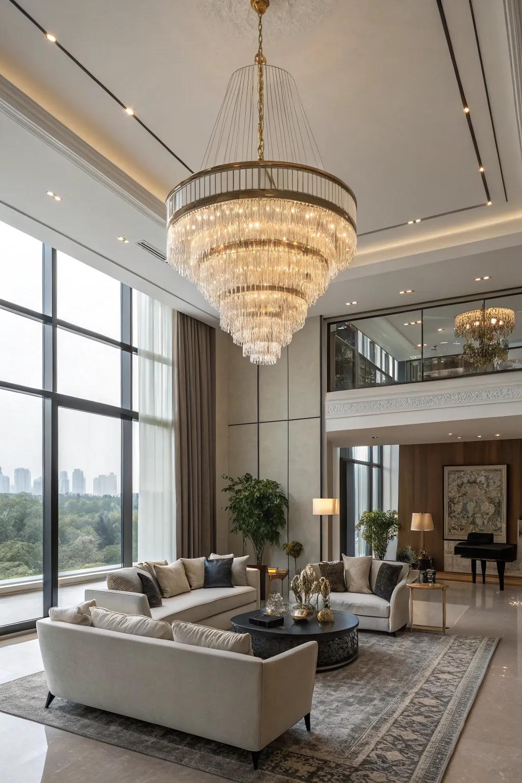 A striking chandelier that enhances the modern aesthetic of the room.