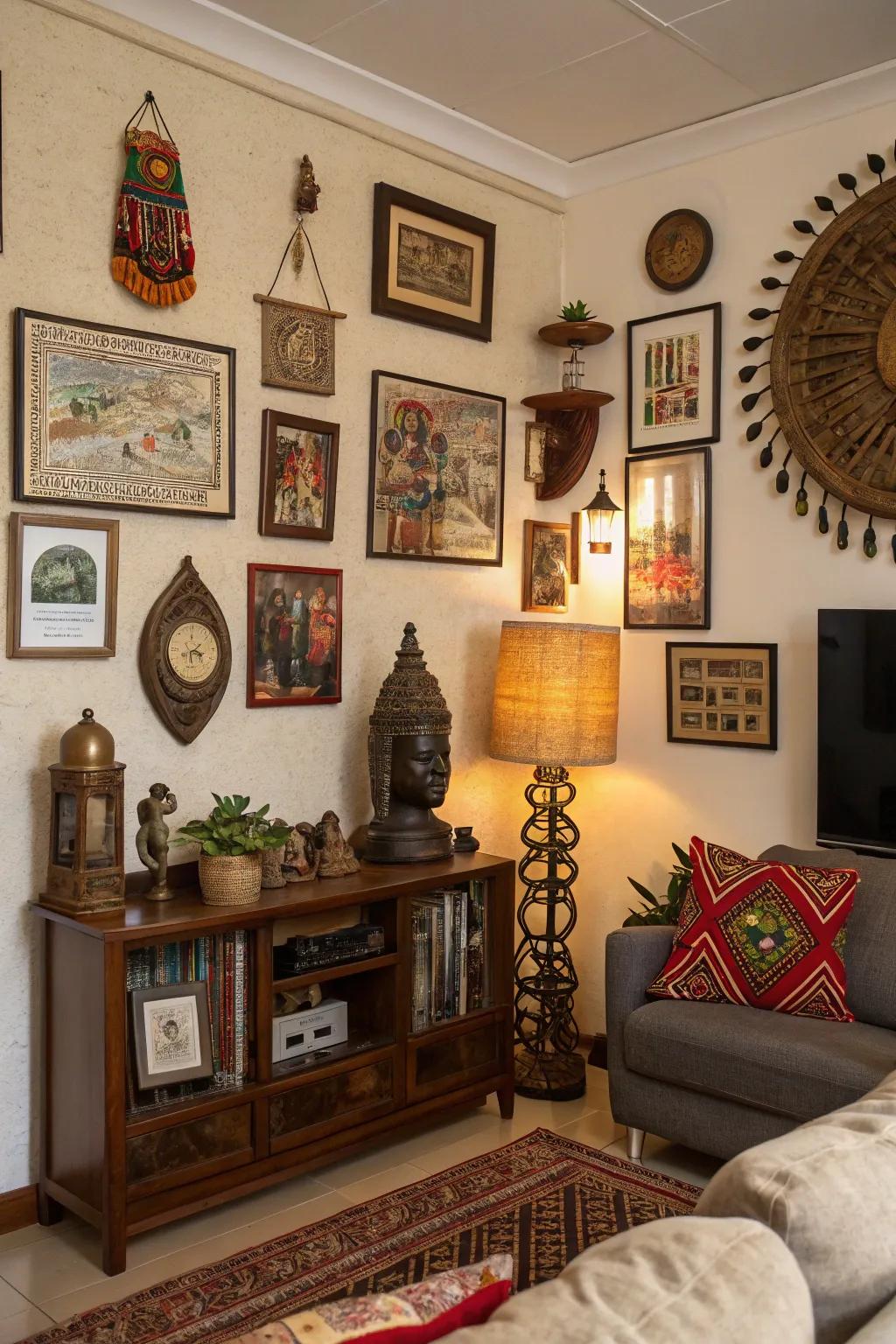 Cultural artifacts add personality and depth to the modern living room.