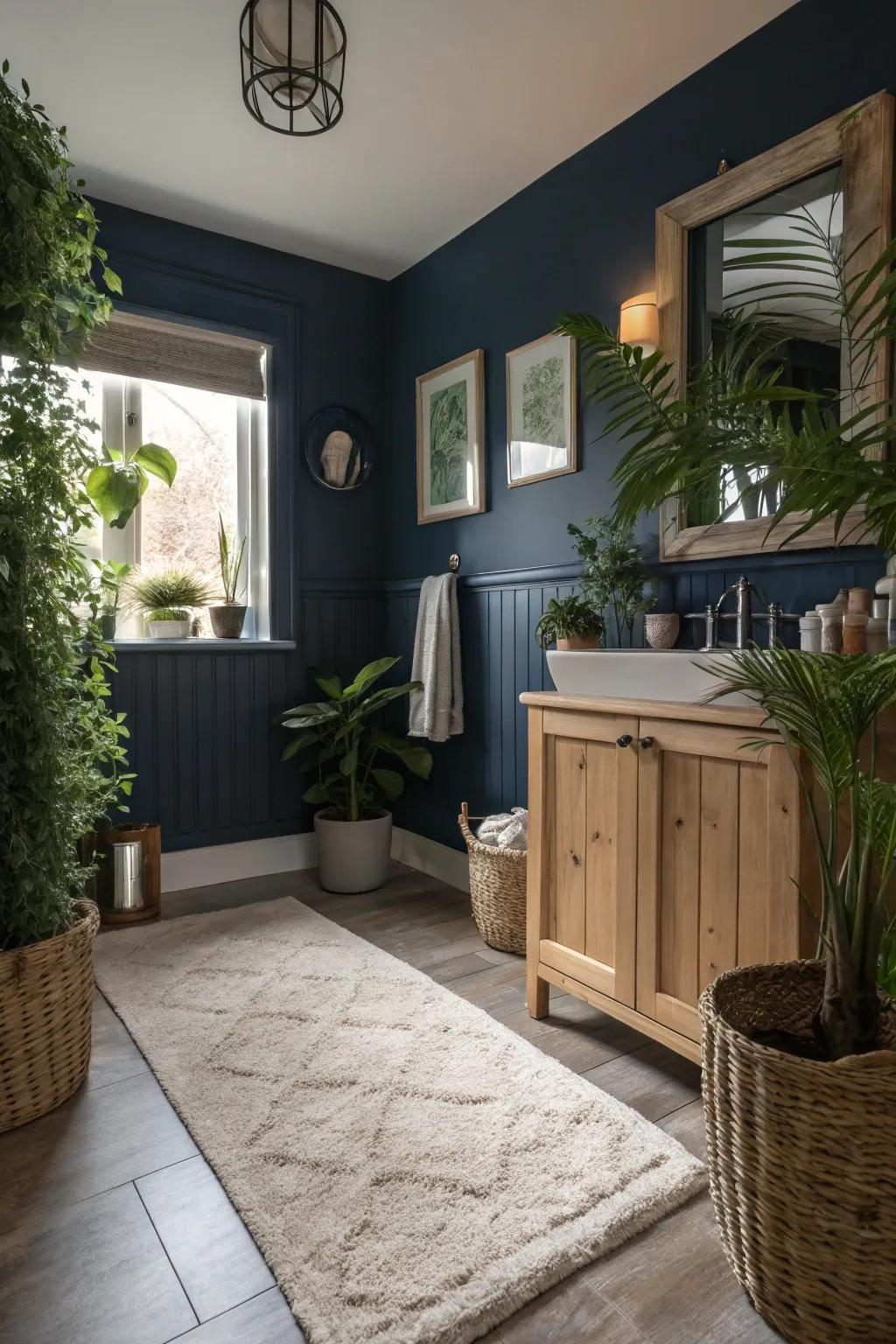 Decorative accents bring warmth and texture to navy blue bathrooms.