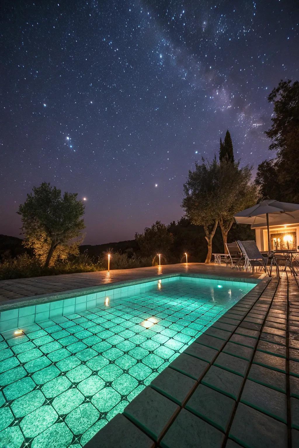 Glow-in-the-dark tiles create a magical nighttime pool experience.