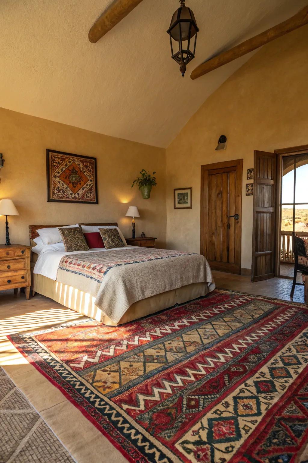 Bright patterned rugs bring vibrancy and cohesion to a modern Spanish bedroom.