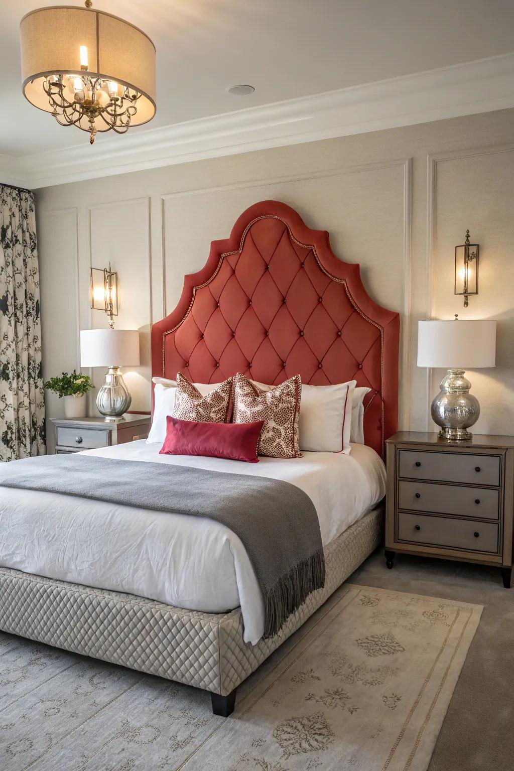 A bedroom featuring a bold, statement headboard.