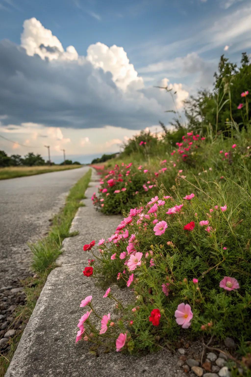 Moss roses enhance driveway borders with vibrant color.