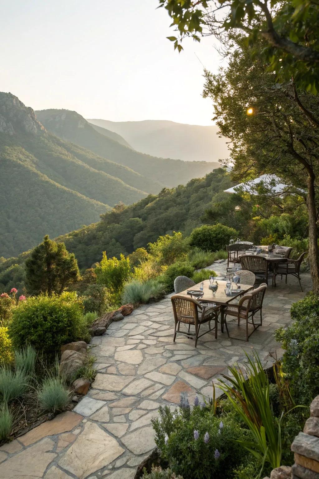 A welcoming stone patio ideal for dining and relaxing outdoors.