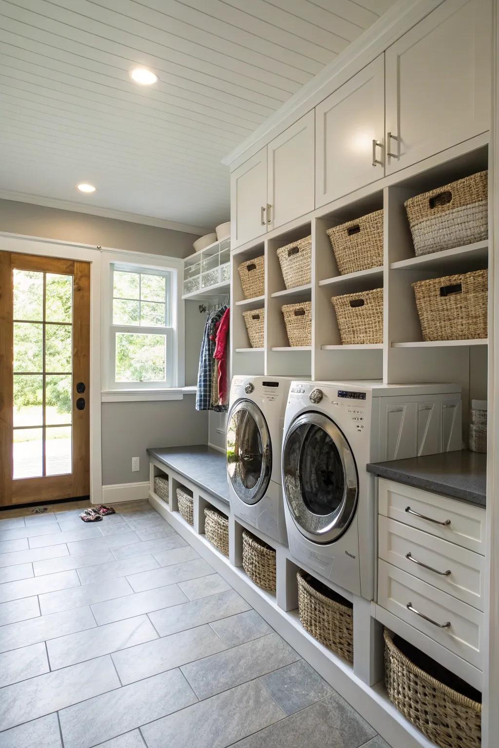 A multi-functional mudroom combined with a laundry area for added convenience.