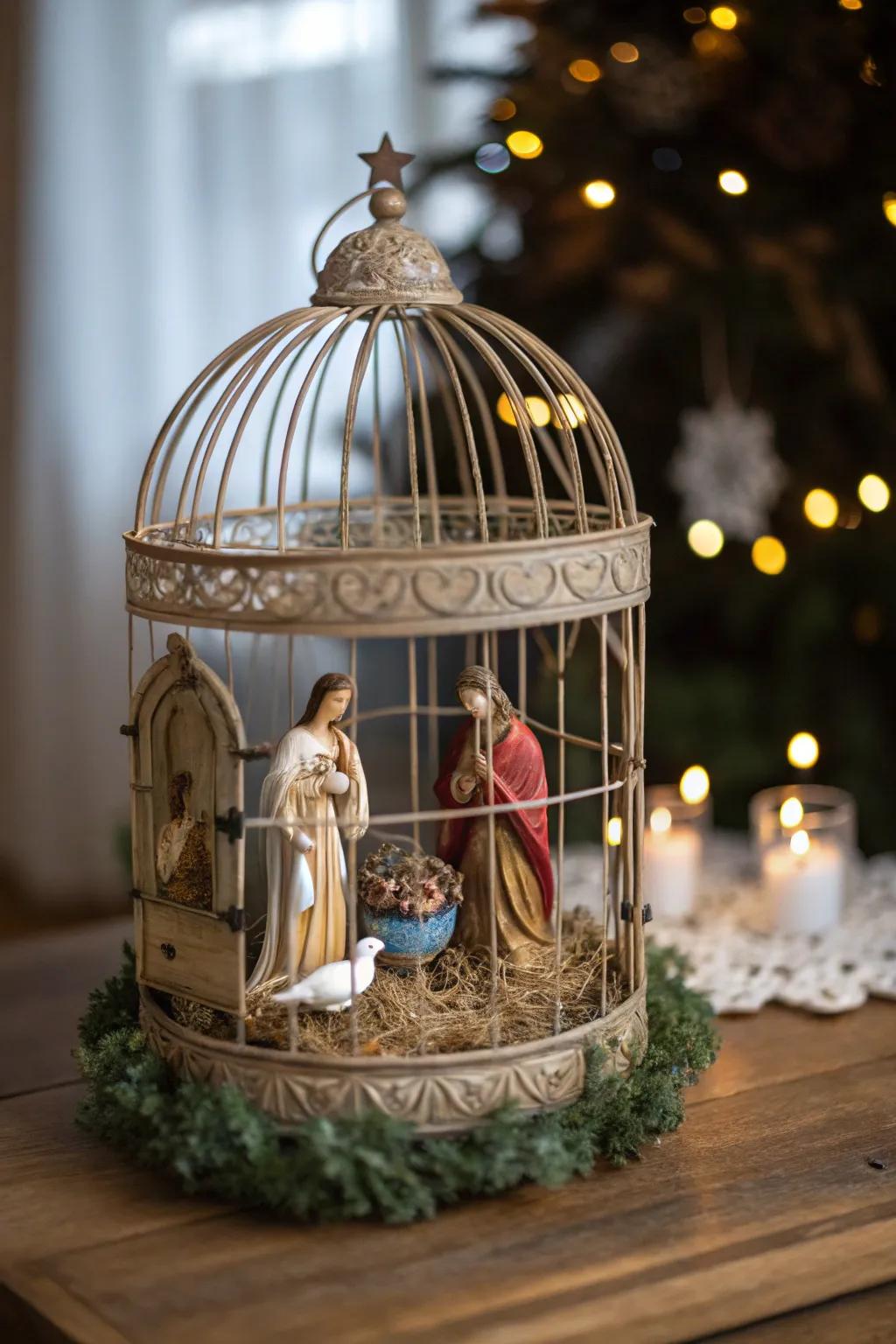 A birdcage provides a creative twist to the nativity display.