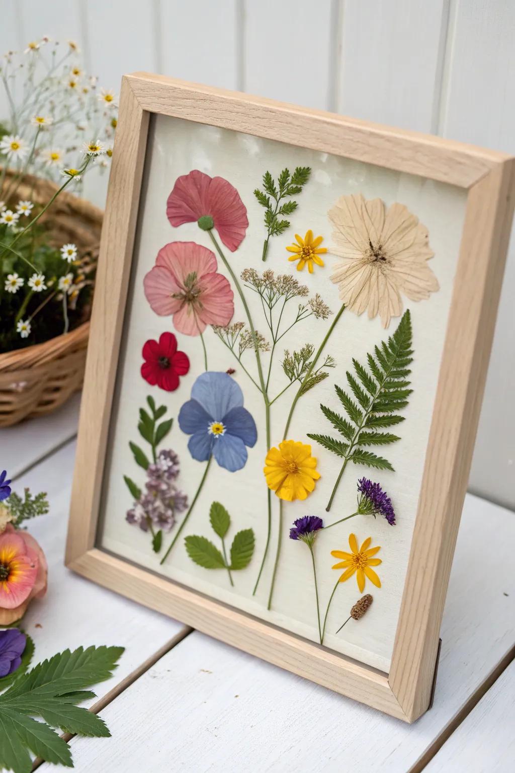 A delicate collage using pressed flowers.