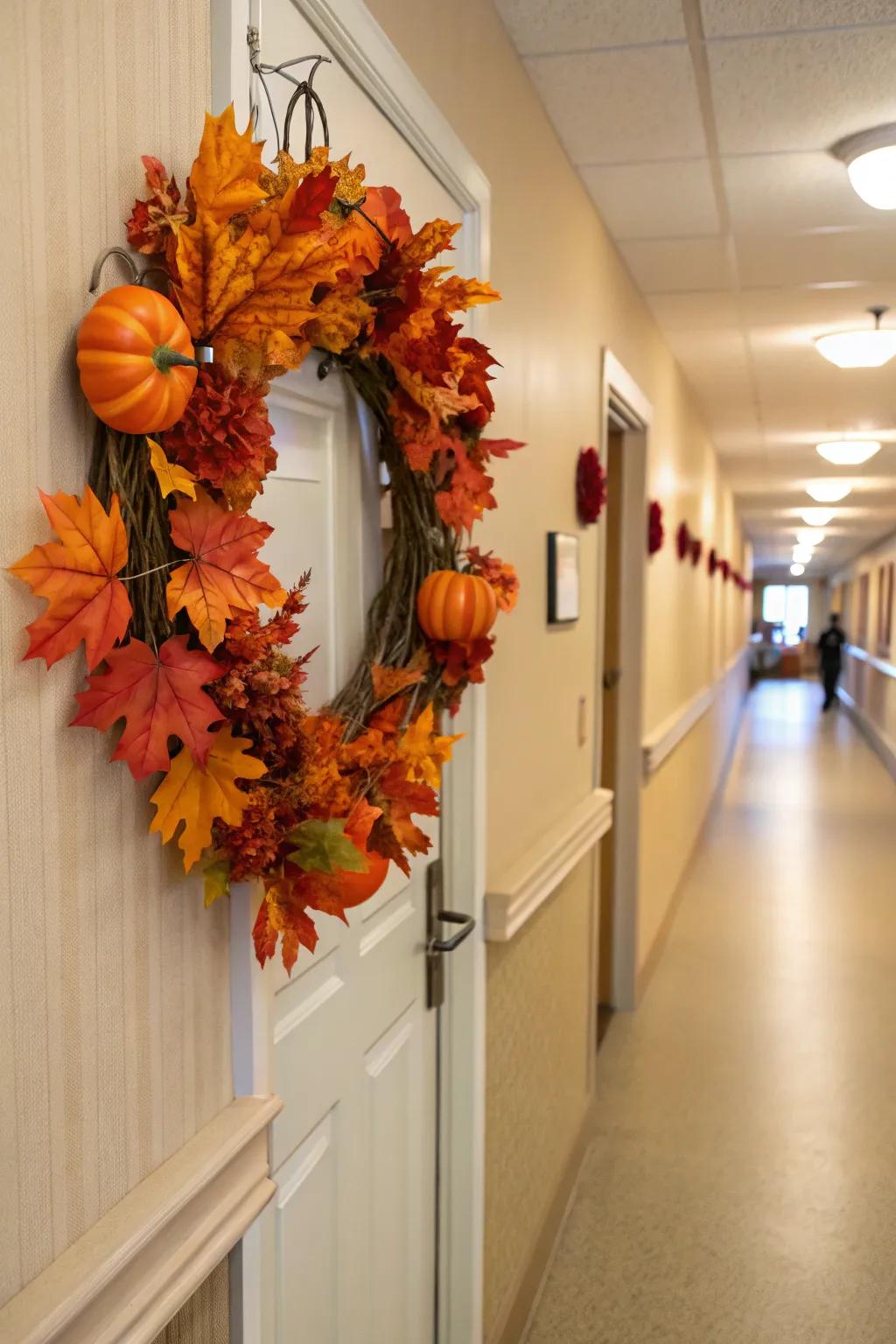 A decorative gourd wreath offers a warm and festive welcome.
