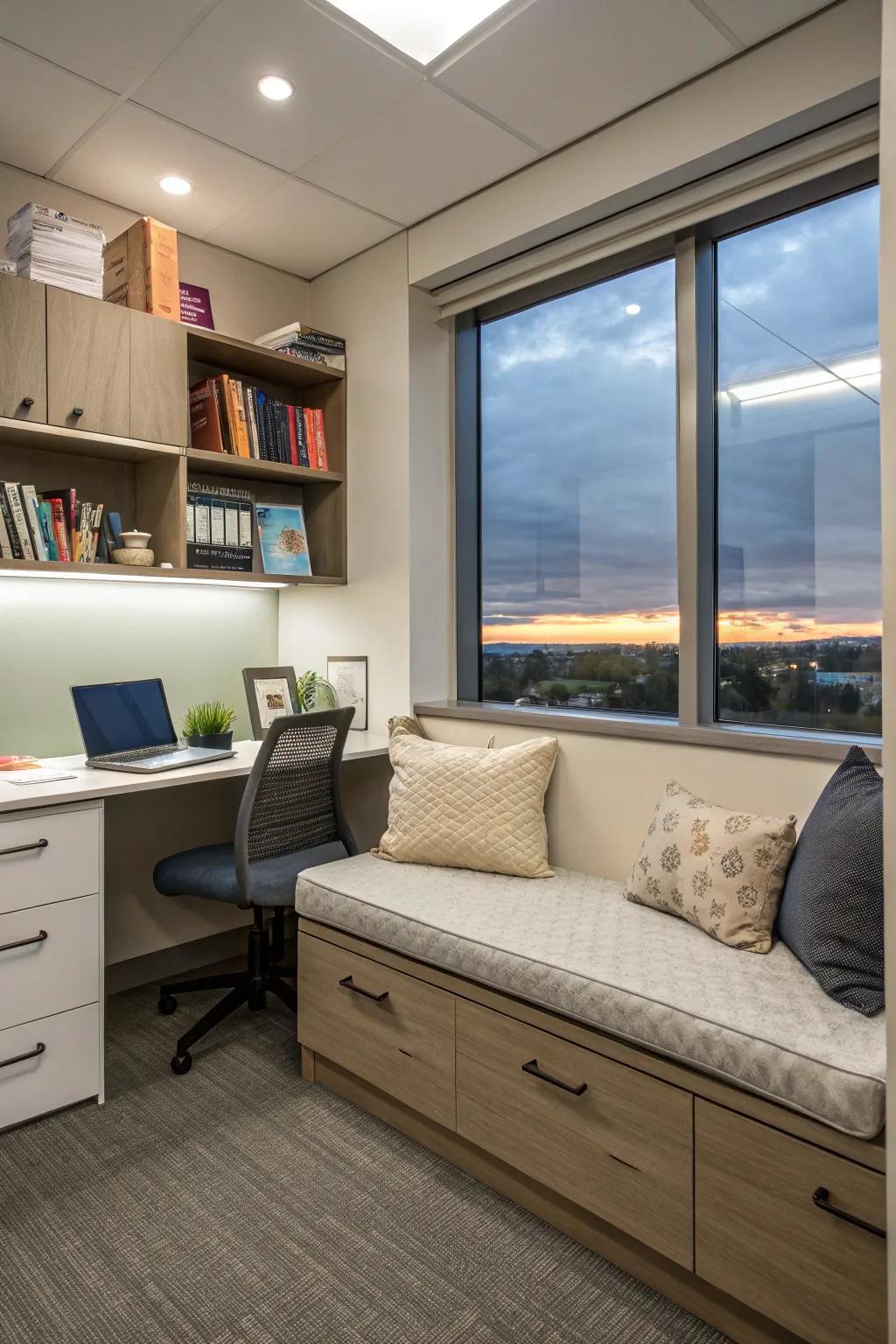 A built-in reading alcove offers a cozy and private retreat within the office.