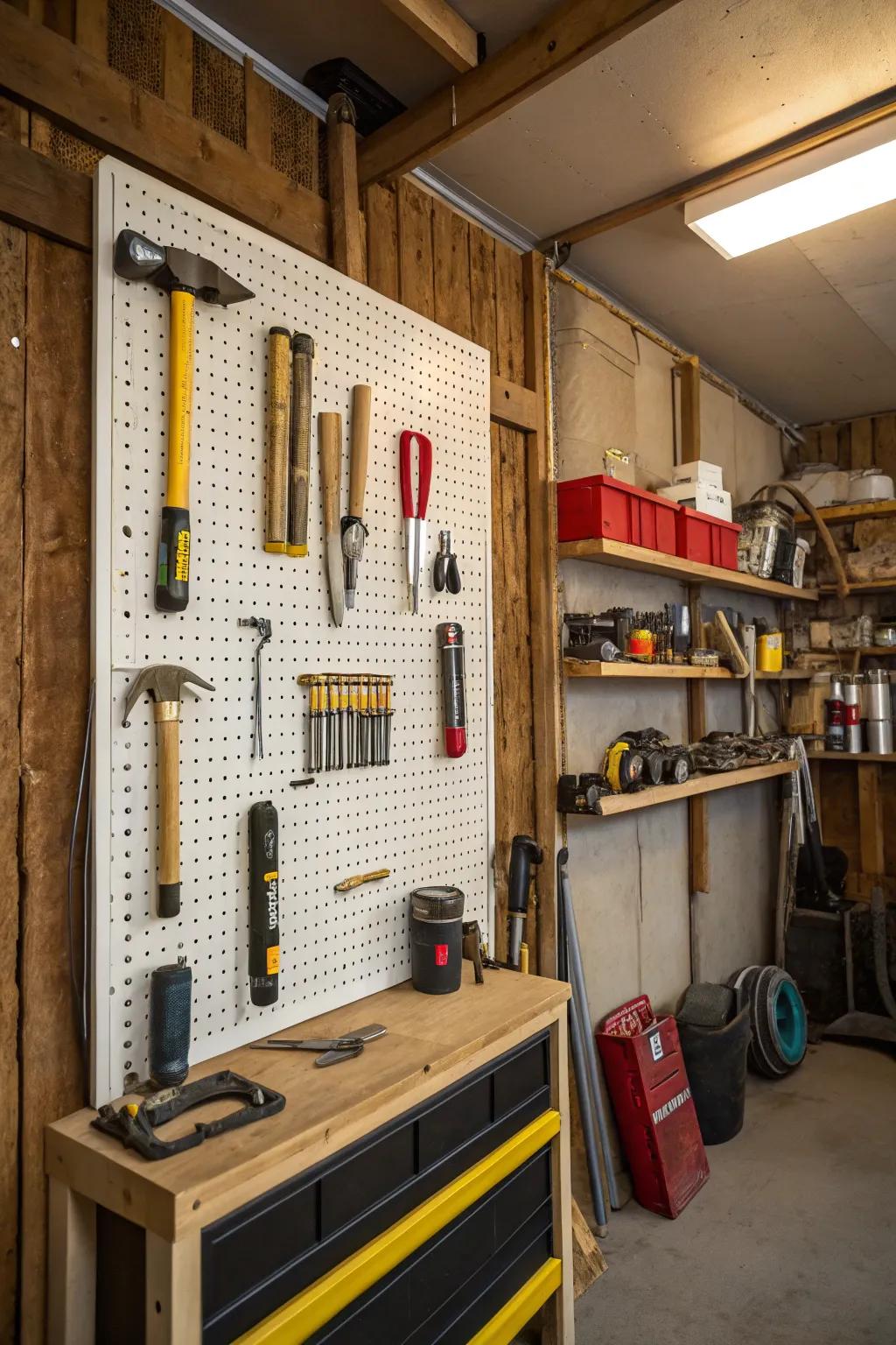 Pegboards provide a customizable solution for tool organization.