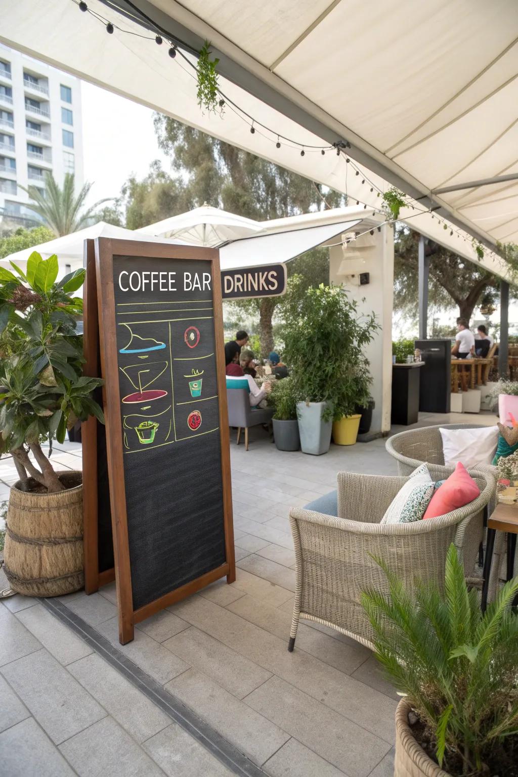 A charming blackboard menu appends a café feel to this open-air coffee bar.