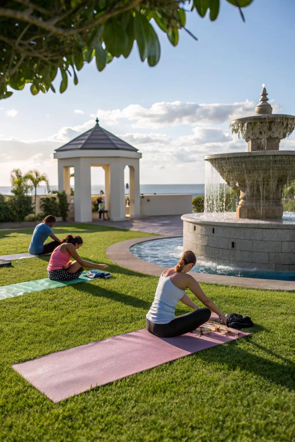 Water features provide a calming soundtrack to your yoga practice.