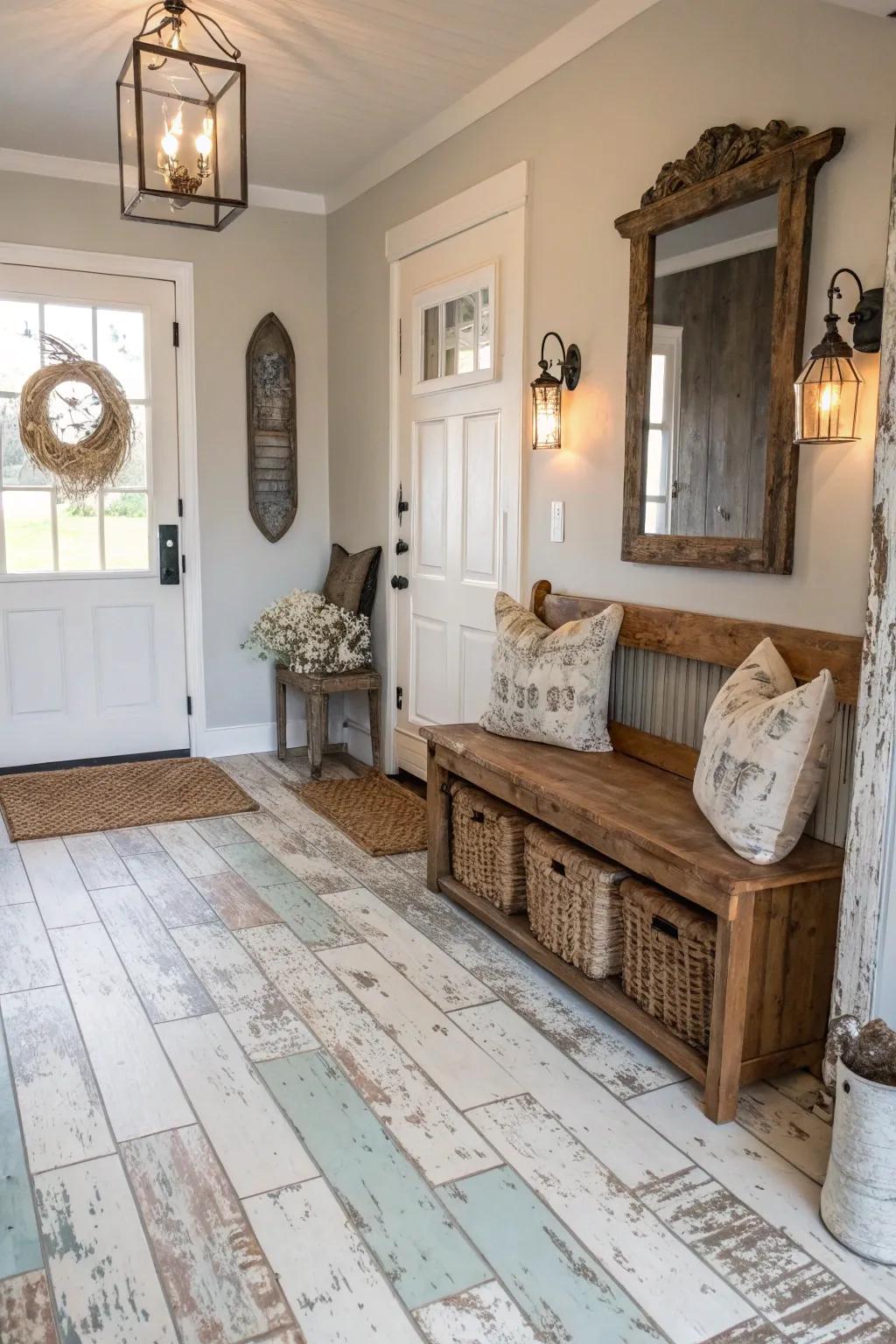 An entryway with rustic farmhouse-painted floors, adding warmth and character to the space.