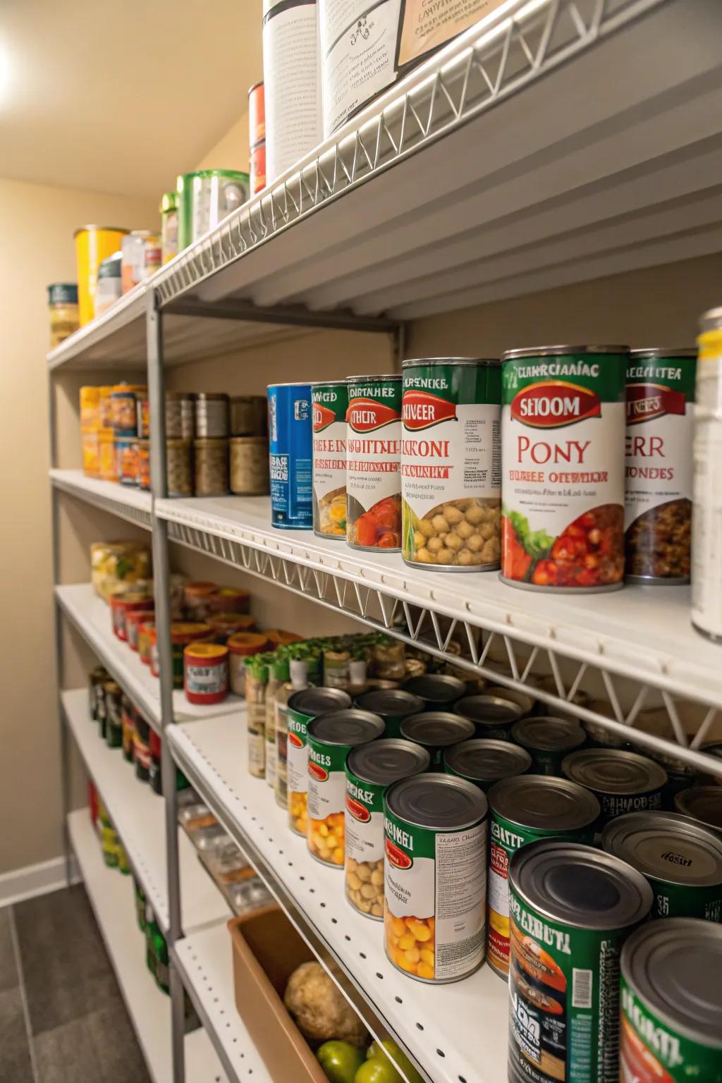 Shelf stackers in a pantry create additional storage space and improve organization.