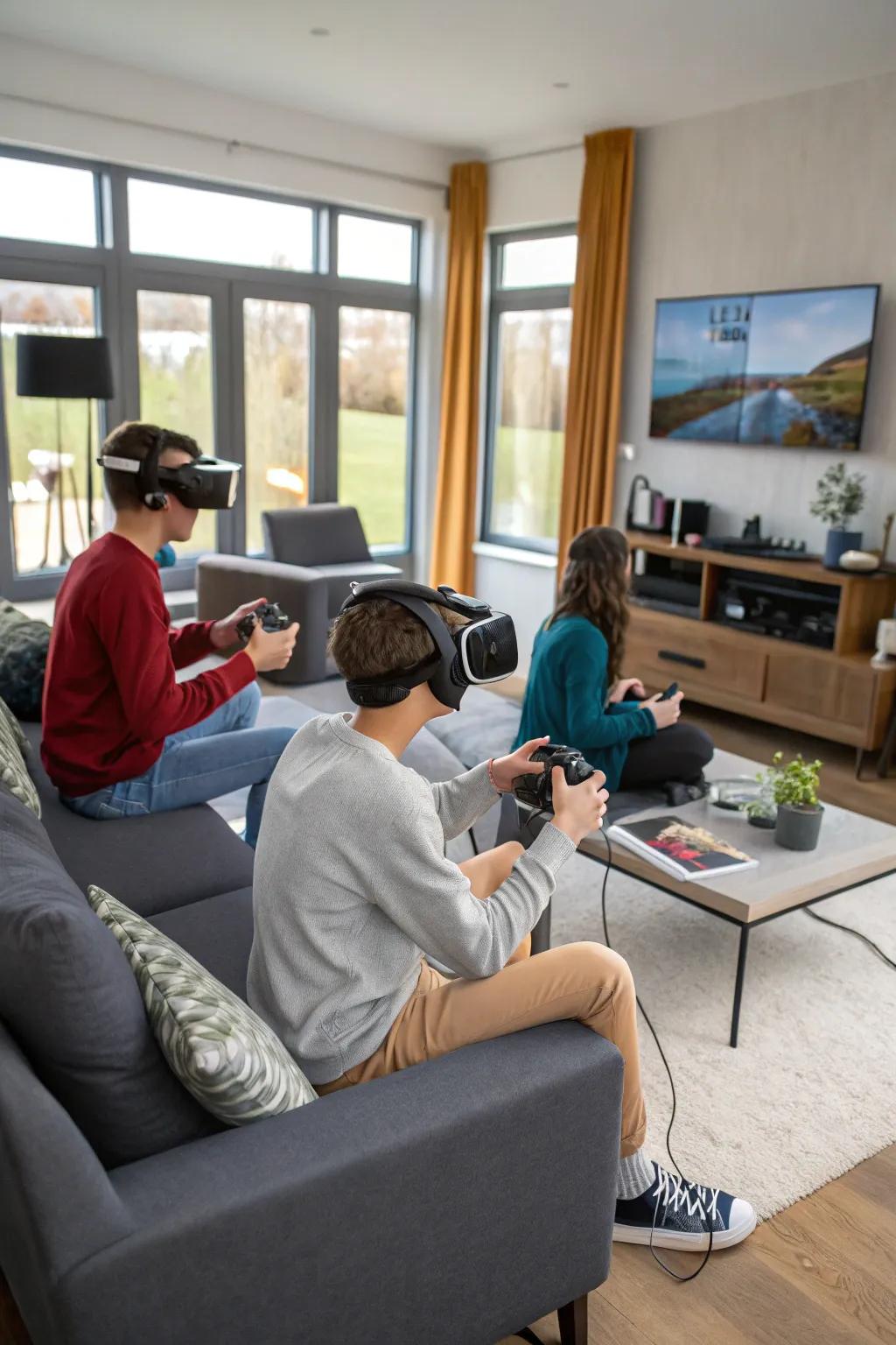 Teens experiencing immersive games at a virtual reality party.