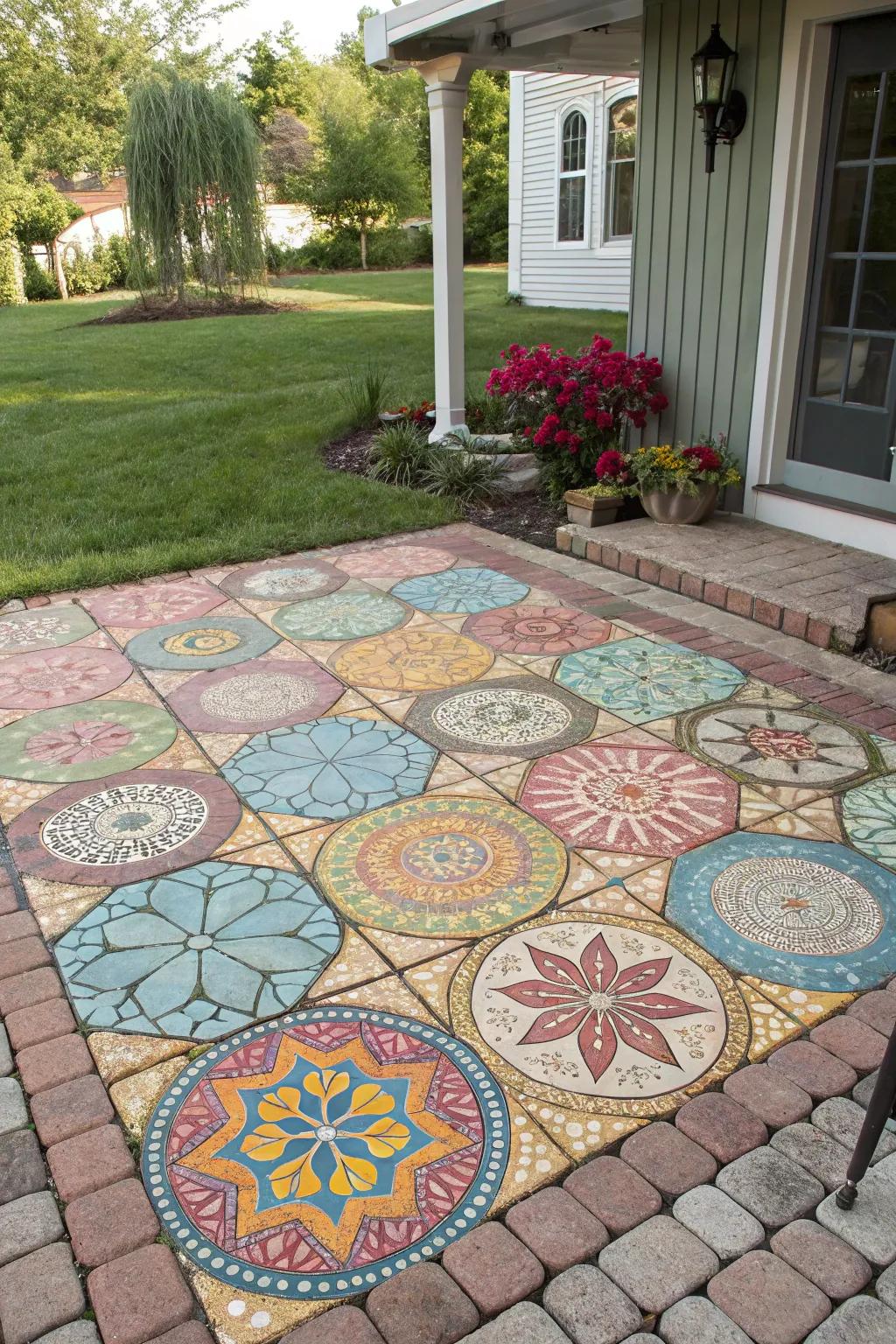 A paver patio showcasing a vibrant mosaic pattern, creating a stunning visual centerpiece.